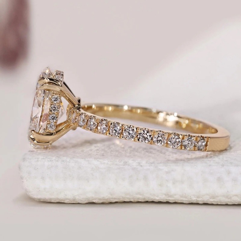 Oval hidden halo lab grown diamond ring side view