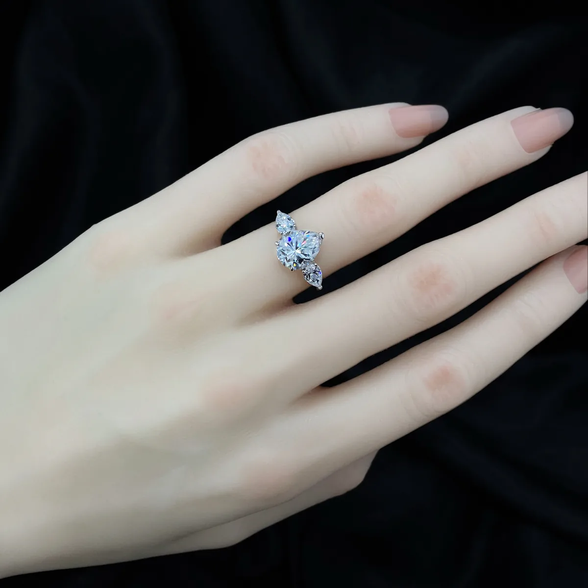 3CT Pear Cut Moissanite Three-Stone Ring in S925 Silver - view 2