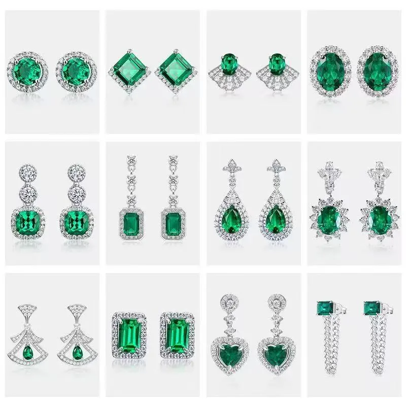 Wholesale lab-grown emerald earrings in S925 sterling silver, multiple styles